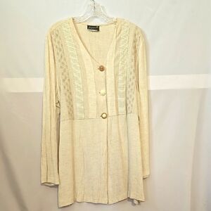 Benjamin A, Tunic, Blouse, Natural, Cream, Buttons, Side Slits, Tie Back, Sz 18